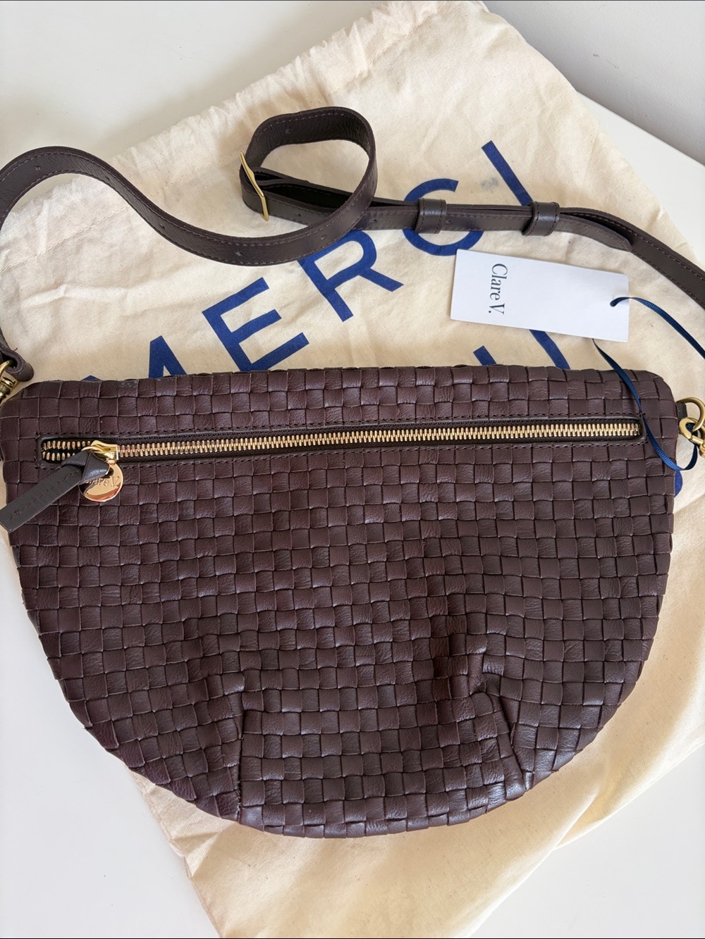 Clare V Grande Woven Leather Belt Bag in Tobacco Like NEW